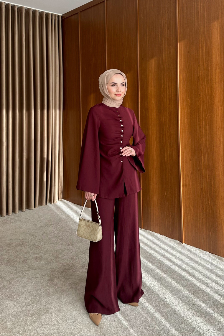 Büzgü Model Pantolonlu Takım - BORDO
