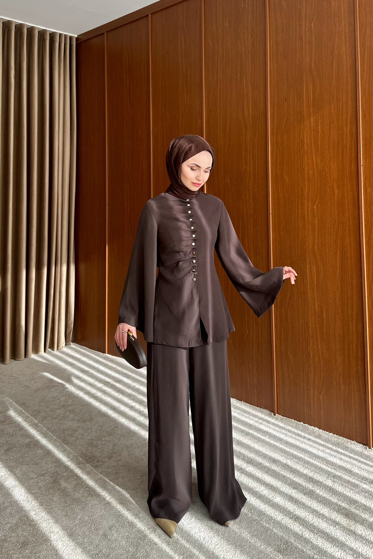 Büzgü Model Pantolonlu Takım - KAHVE