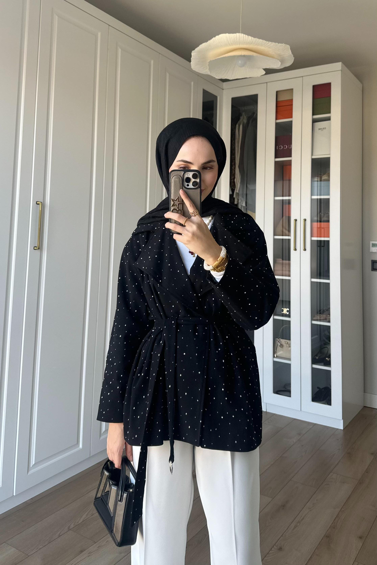 Dena Taşlı Gabardin Ceket - SİYAH