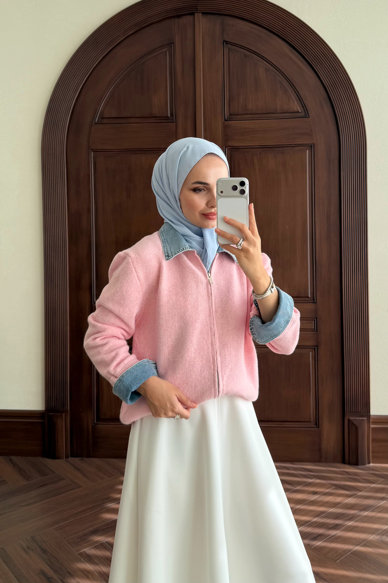 Denim Detay Fermuarlı Hırka - PEMBE