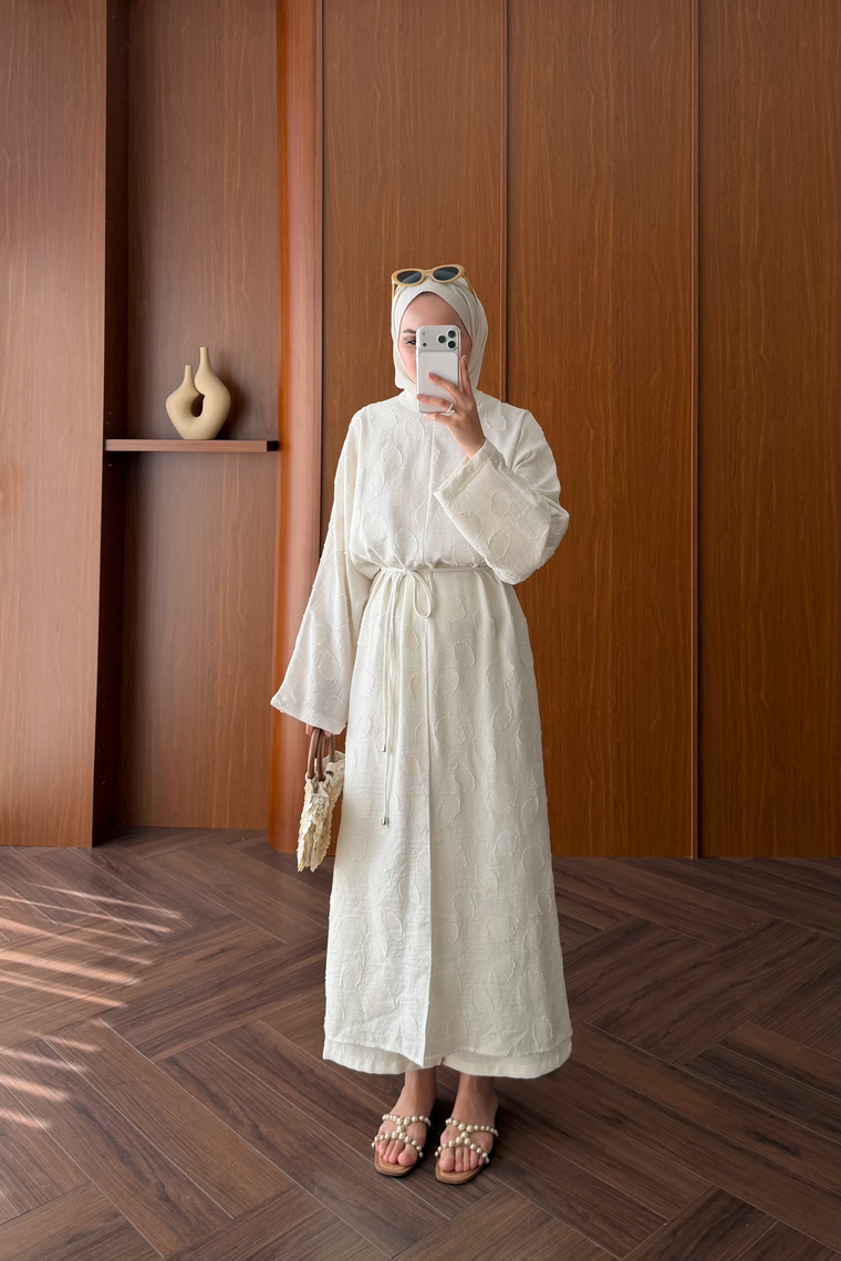Emprime Yırtmaçlı Uzun Kimono - BEYAZ
