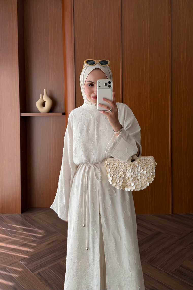 Emprime Yırtmaçlı Uzun Kimono - BEYAZ