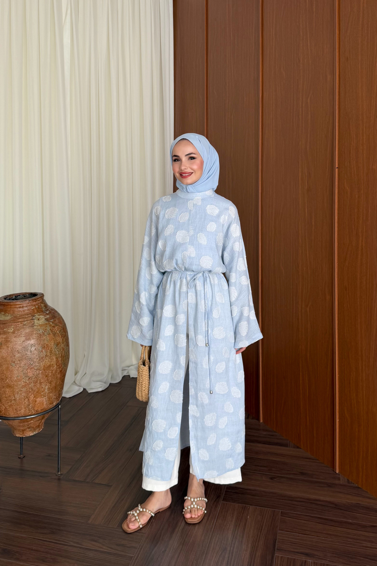 Emprime Yırtmaçlı Uzun Kimono - MAVİ