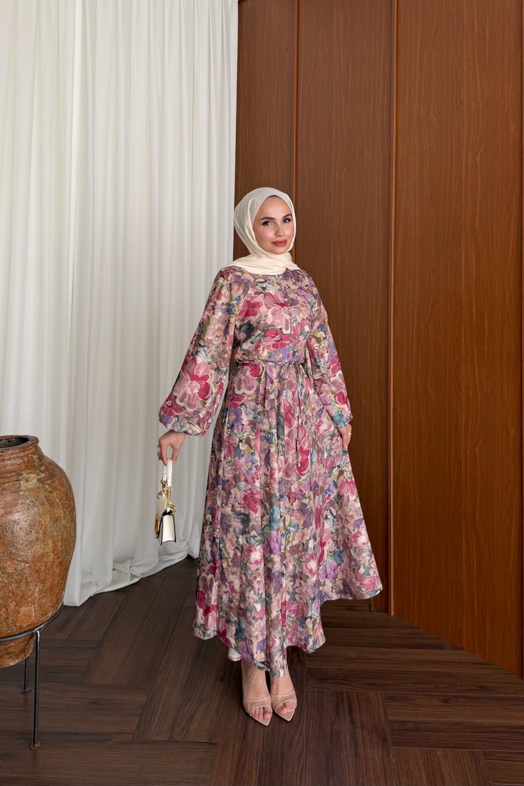 Flora Çiçek Desenli Elbise - MÜRDÜM