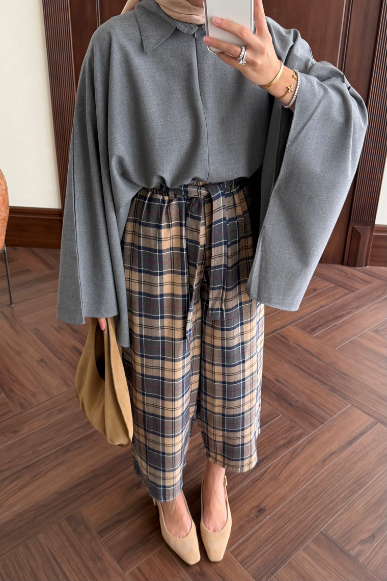 Mira Kemerli Ekose Pantolon - BEJ