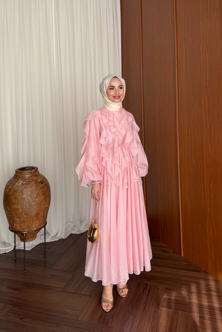 Nora Önü Volanlı Elbise - PEMBE