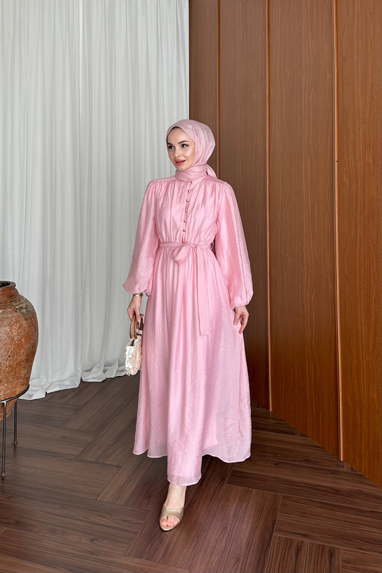 Patara Belden Lastikli Elbise - PEMBE