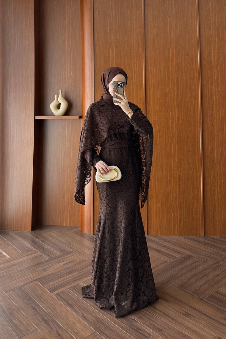 Premium Pelerin Detay Dantel Elbise - KAHVE