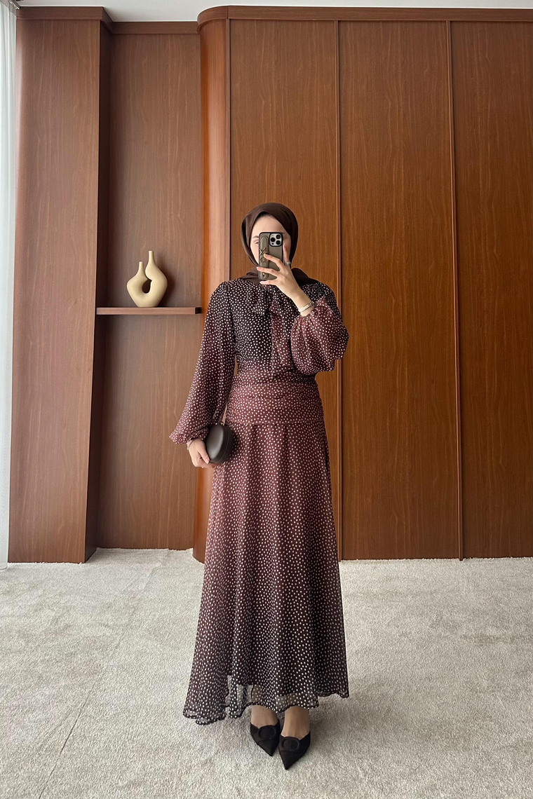 Riana Bel Büzgü Detay Elbise - KAHVE