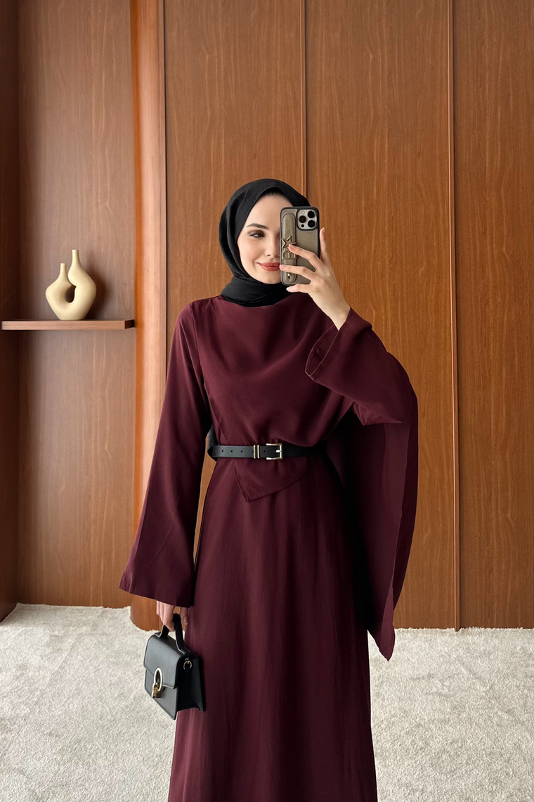 Rosee Şal Detaylı Elbise - BORDO