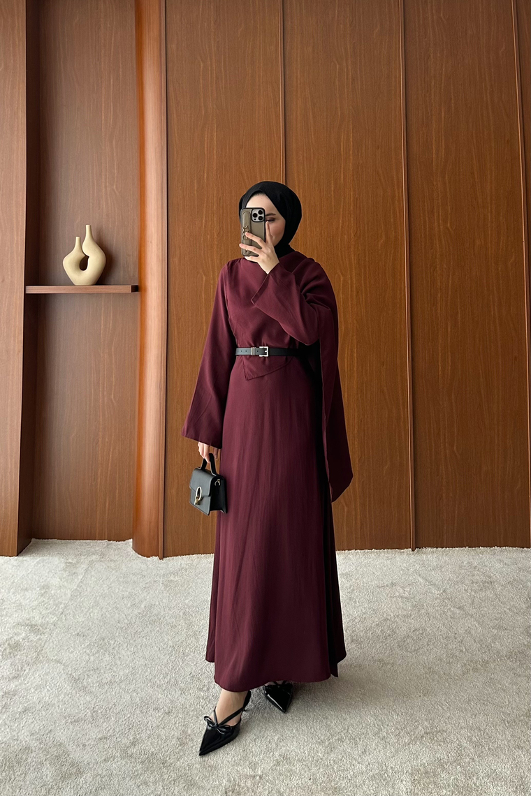Rosee Şal Detaylı Elbise - BORDO