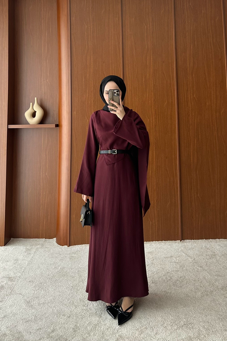 Rosee Şal Detaylı Elbise - BORDO