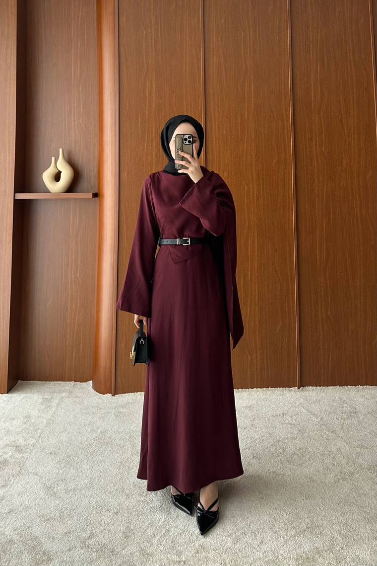 Rosee Şal Detaylı Elbise - BORDO