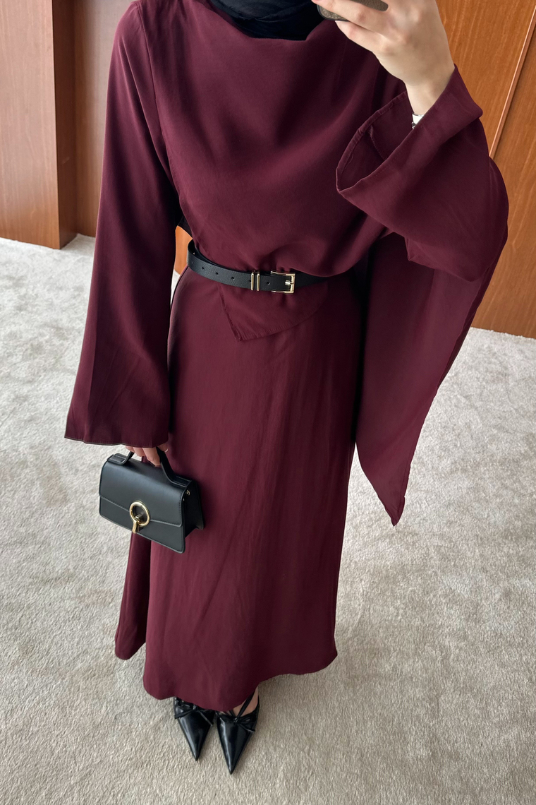 Rosee Şal Detaylı Elbise - BORDO