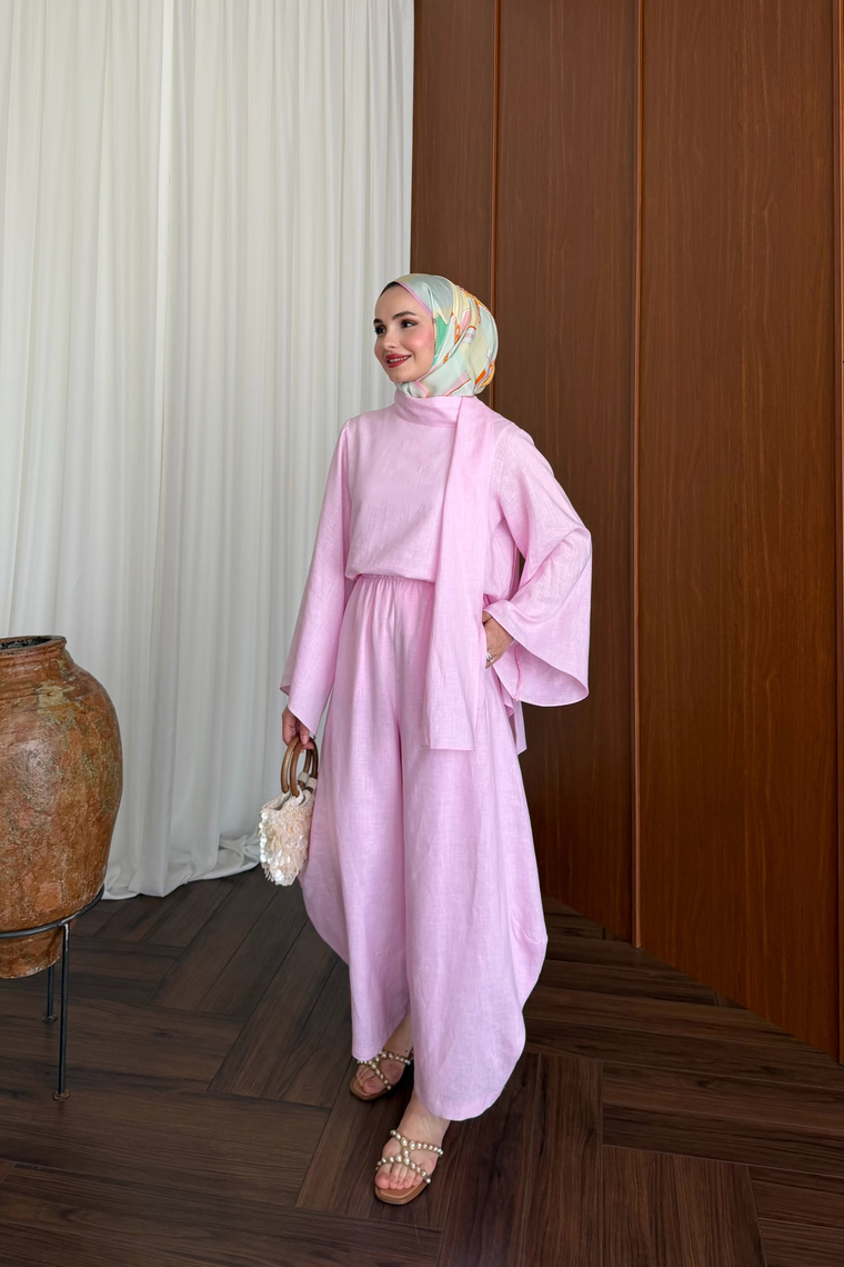 Şal Yaka Keten Takım - PEMBE