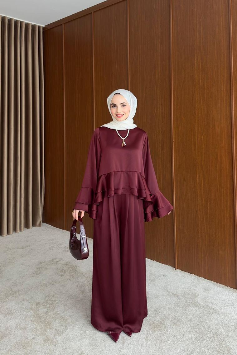 Saten Volan Detay Takım - BORDO