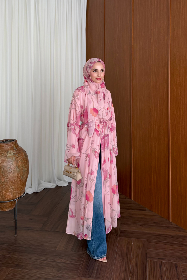 Vera Şallı Desenli Abaya Takım - PEMBE