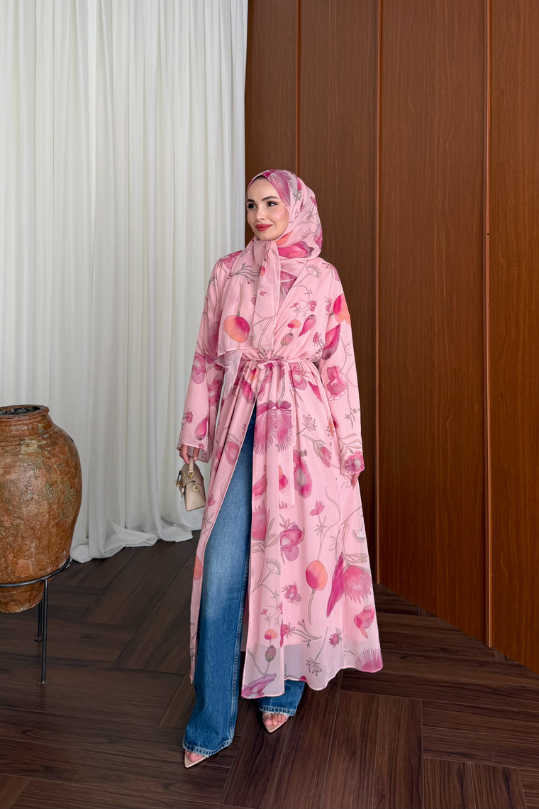 Vera Şallı Desenli Abaya Takım - PEMBE