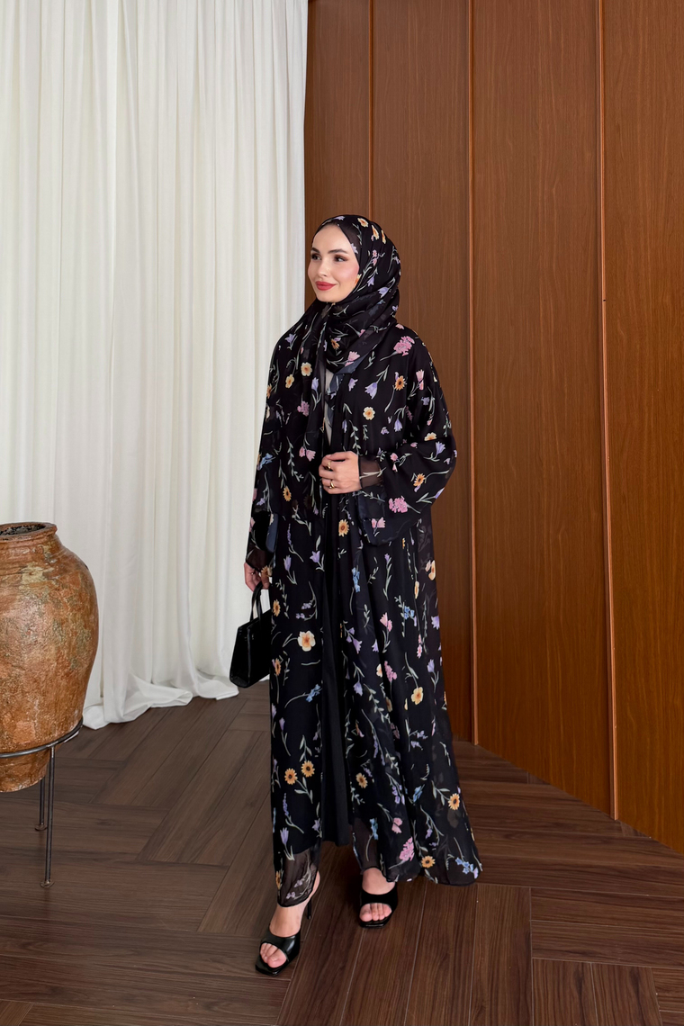 Vera Şallı Desenli Abaya Takım - SİYAH