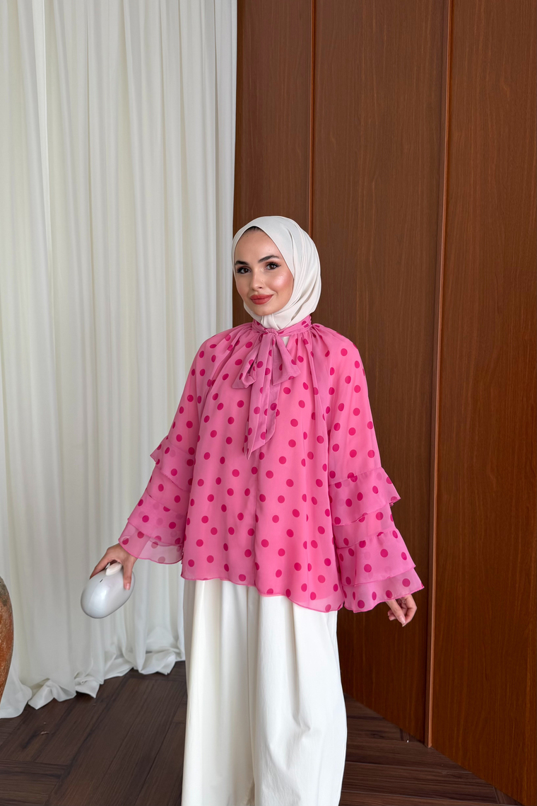 Volanlı Şifon Bluz - PEMBE