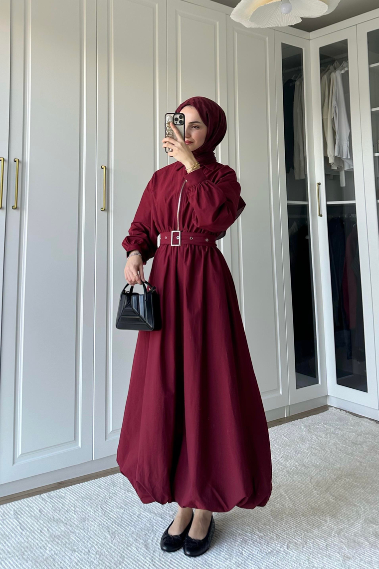Akali Balon Detay Elbise - BORDO