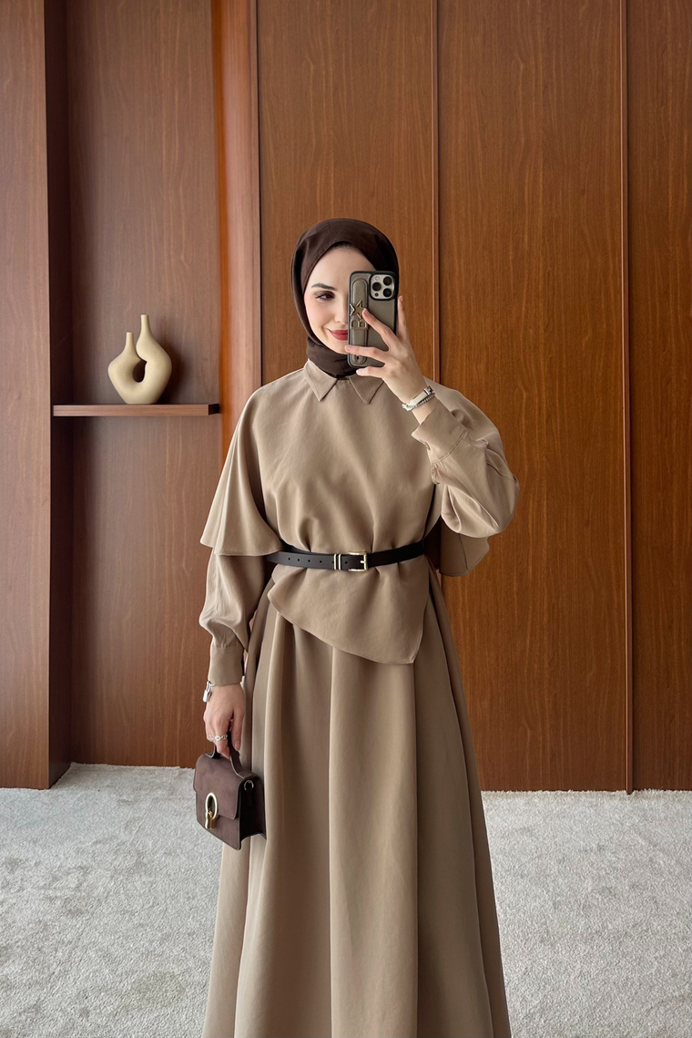 Amira Pelerin Detaylı Elbise - BEJ