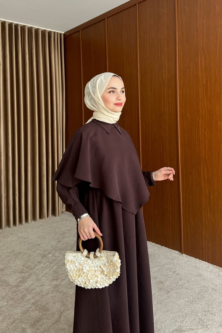 Amira Pelerin Detaylı Elbise - KAHVE