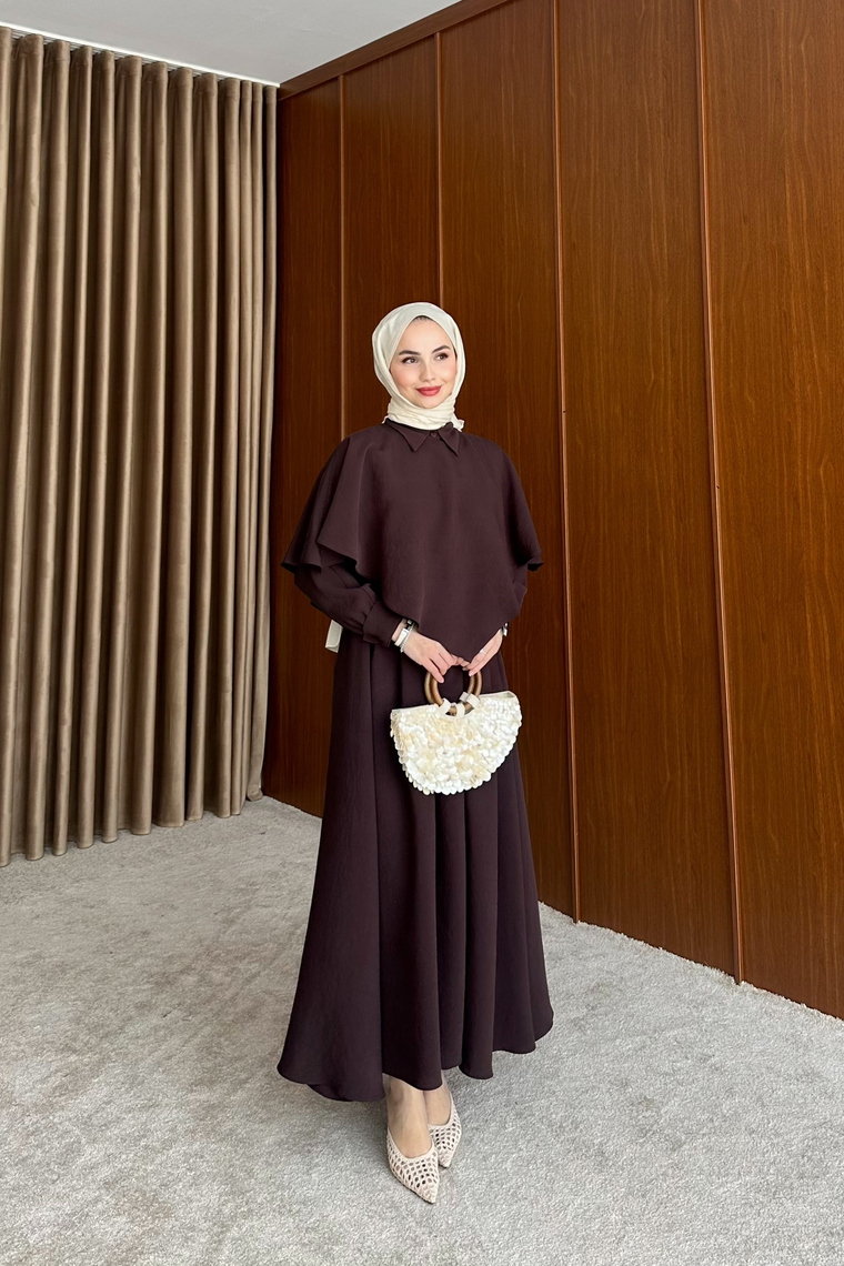 Amira Pelerin Detaylı Elbise - KAHVE