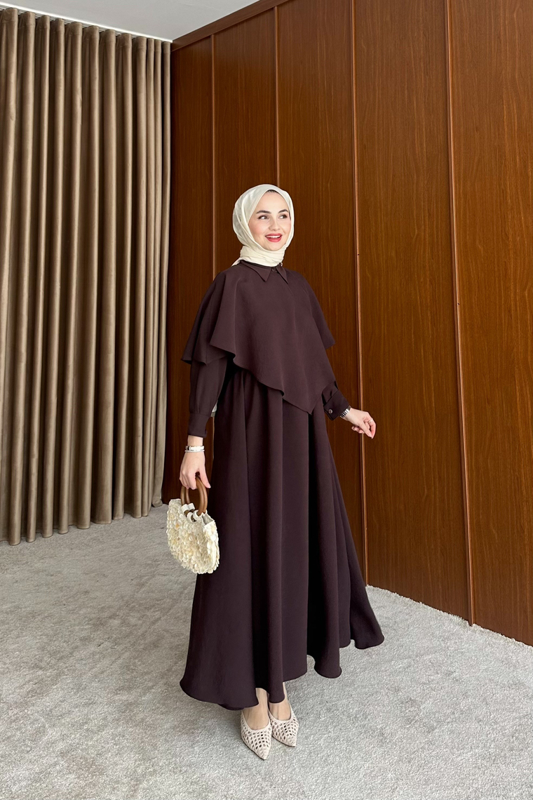 Amira Pelerin Detaylı Elbise - KAHVE