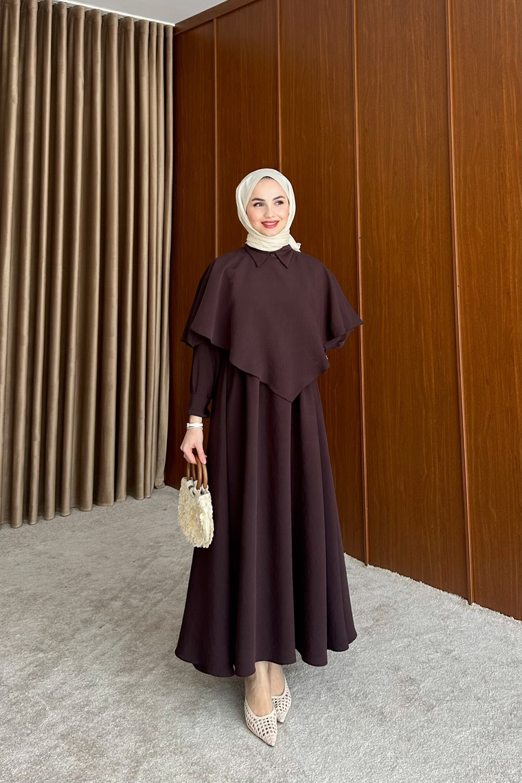 Amira Pelerin Detaylı Elbise - KAHVE