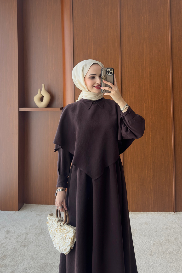 Amira Pelerin Detaylı Elbise - KAHVE