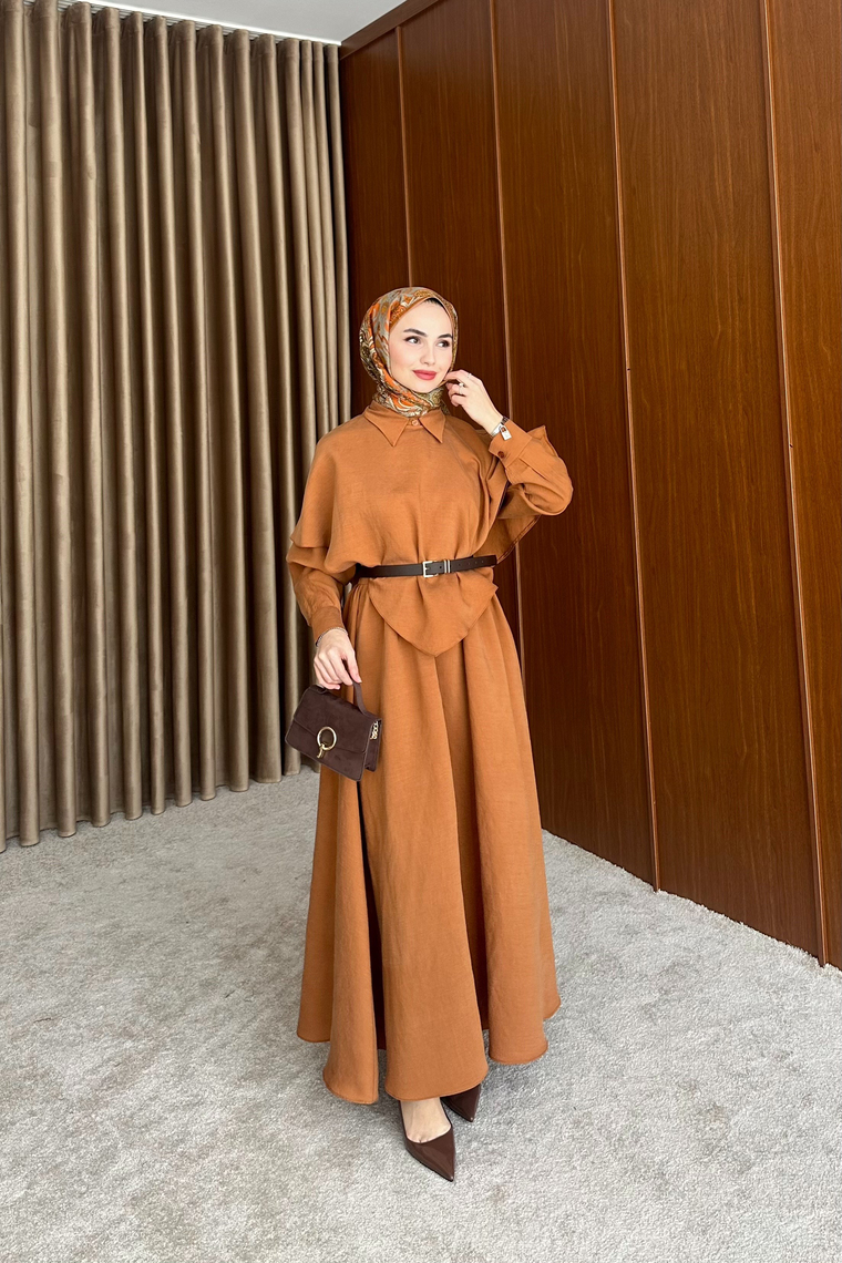 Amira Pelerin Detaylı Elbise - KİREMİT