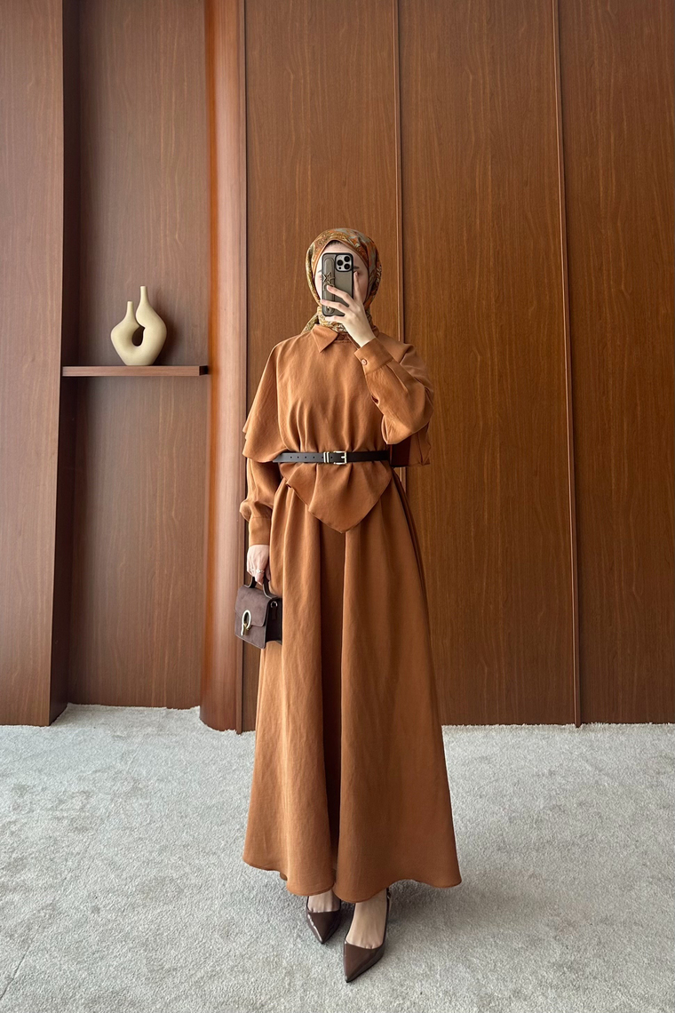 Amira Pelerin Detaylı Elbise - KİREMİT