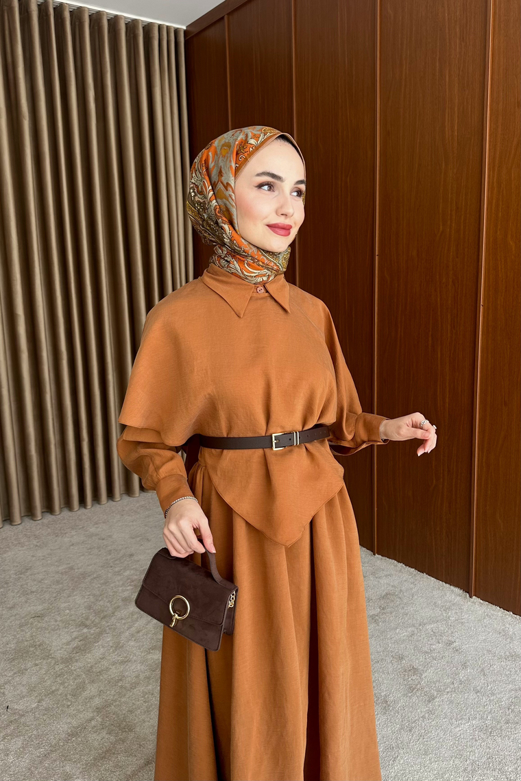 Amira Pelerin Detaylı Elbise - KİREMİT