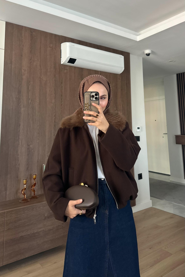 Aniee Kürk Detay Kısa Ceket - KAHVE