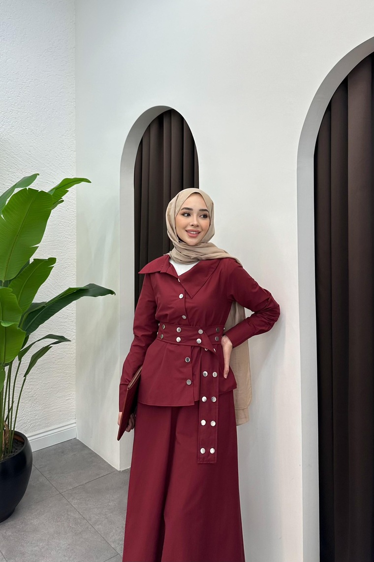 Aniela Çıt Çıt Detay Etekli Takım - BORDO