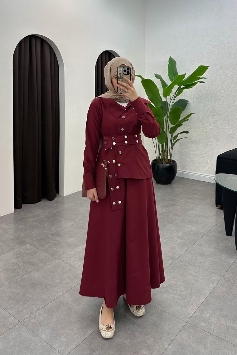 Aniela Çıt Çıt Detay Etekli Takım - BORDO