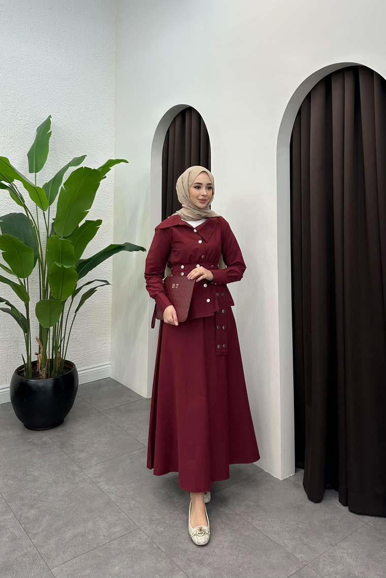 Aniela Çıt Çıt Detay Etekli Takım - BORDO