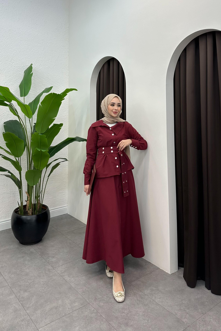 Aniela Çıt Çıt Detay Etekli Takım - BORDO
