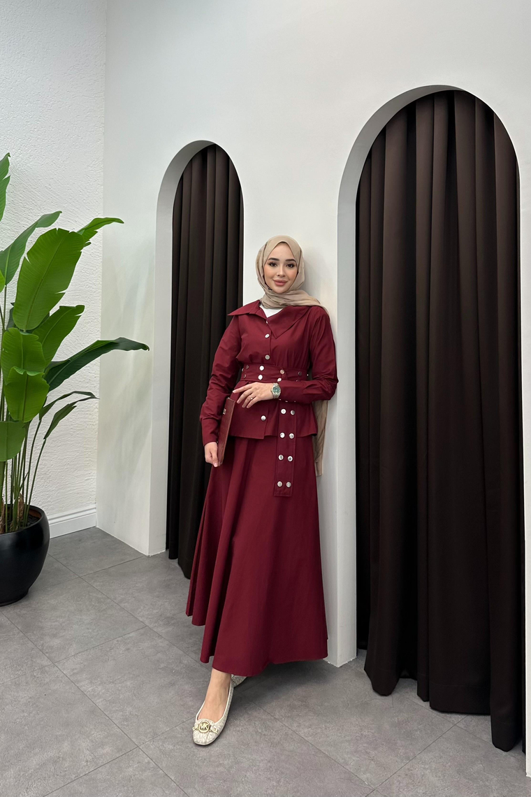 Aniela Çıt Çıt Detay Etekli Takım - BORDO