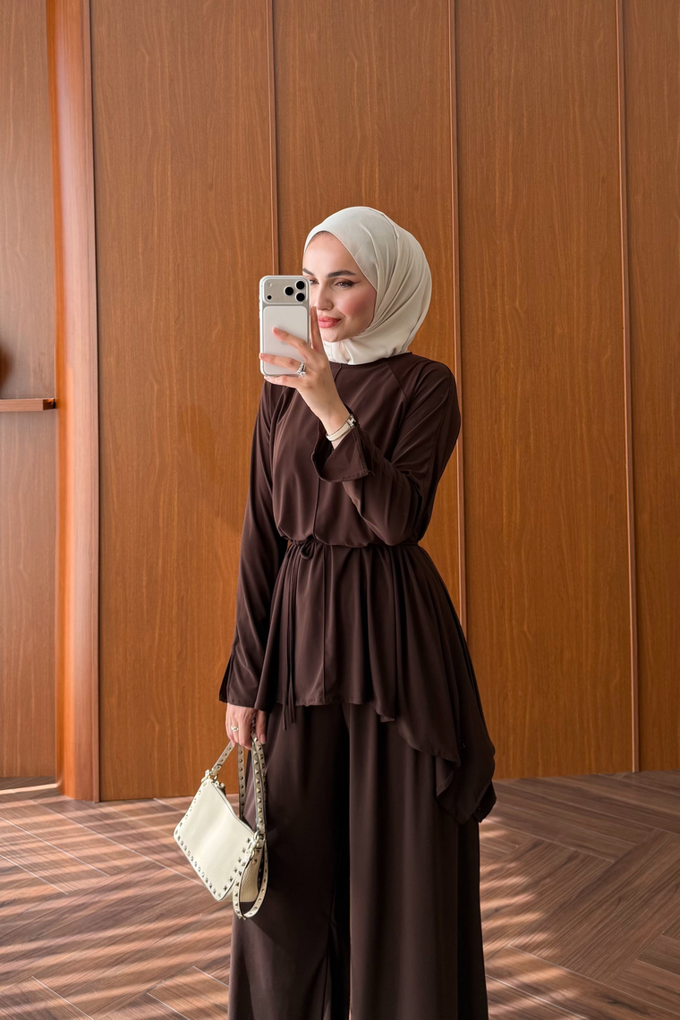Asimetrik Kesim Oysh Pantolon Takım - KAHVE