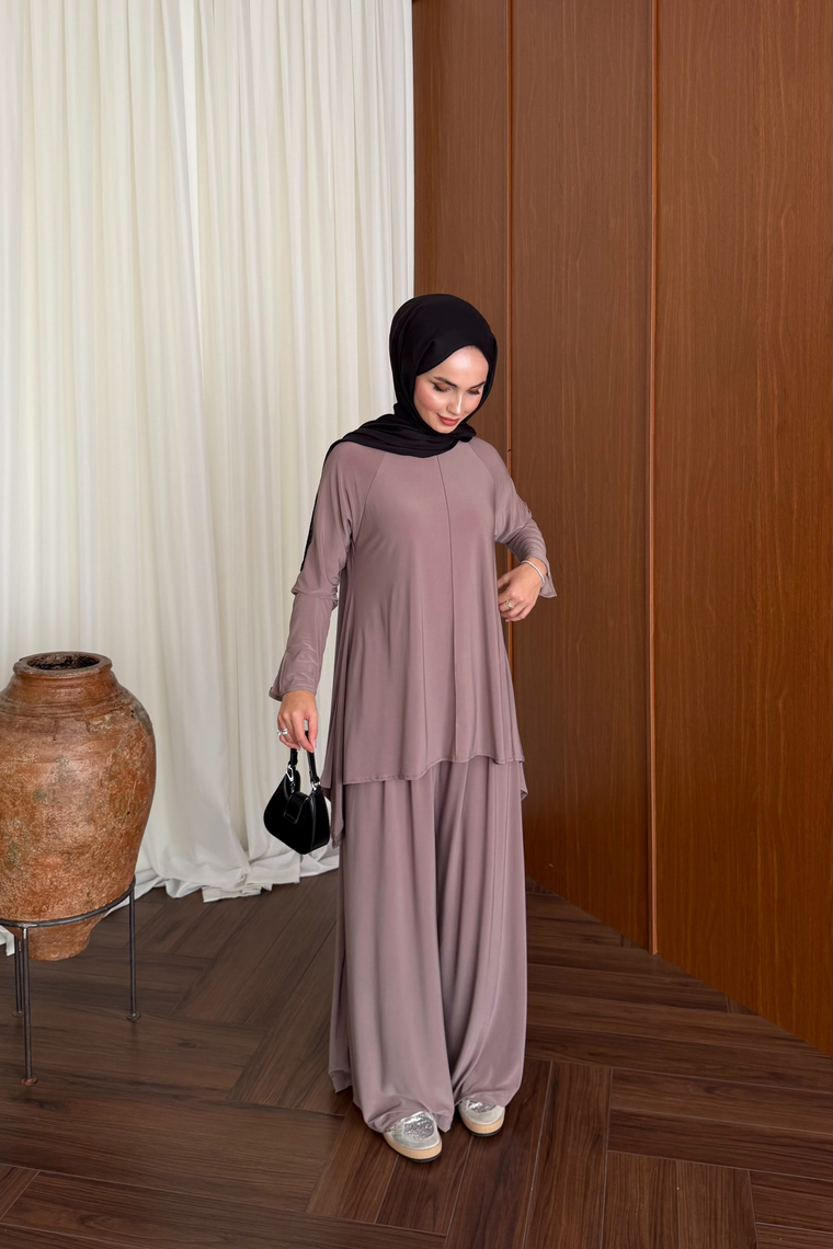 Asimetrik Kesim Oysh Pantolon Takım - VİZON