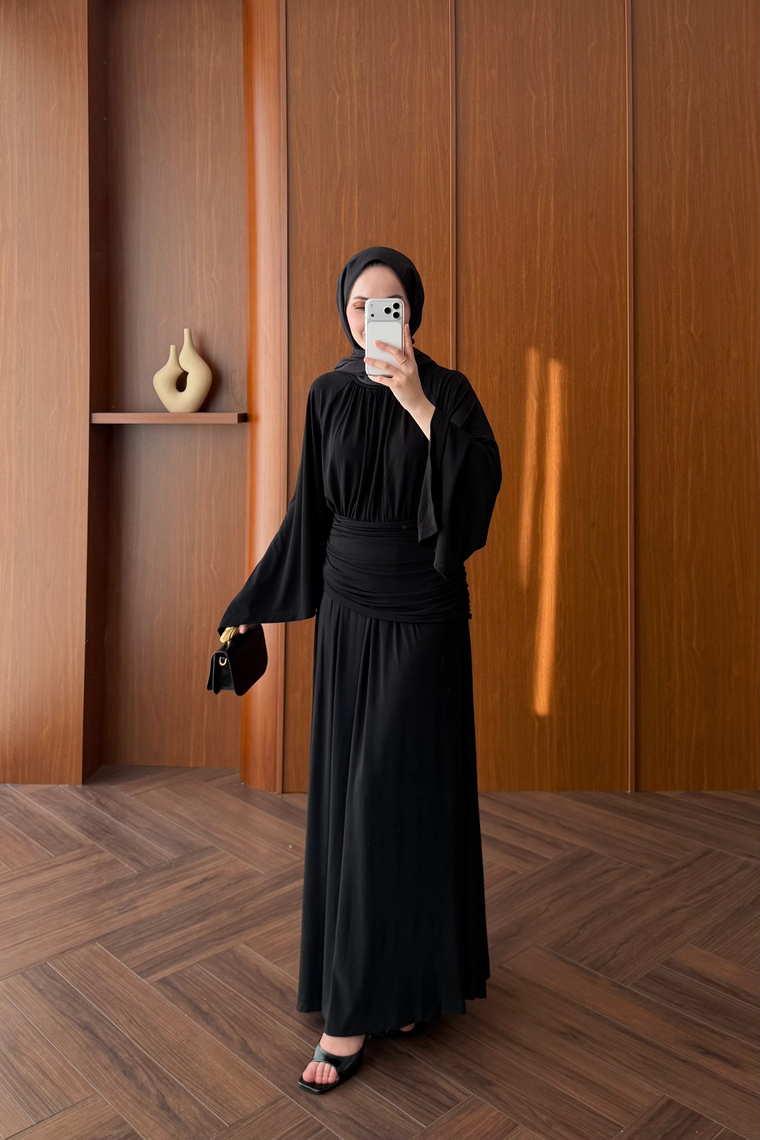 Aura Drapeli Premium Elbise - SİYAH