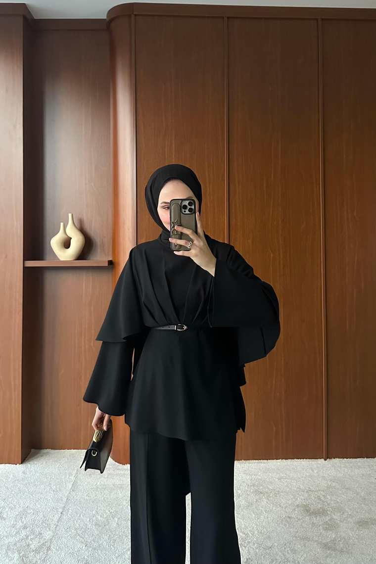 Aysa Pelerin Detaylı Pantolon Takım - SİYAH