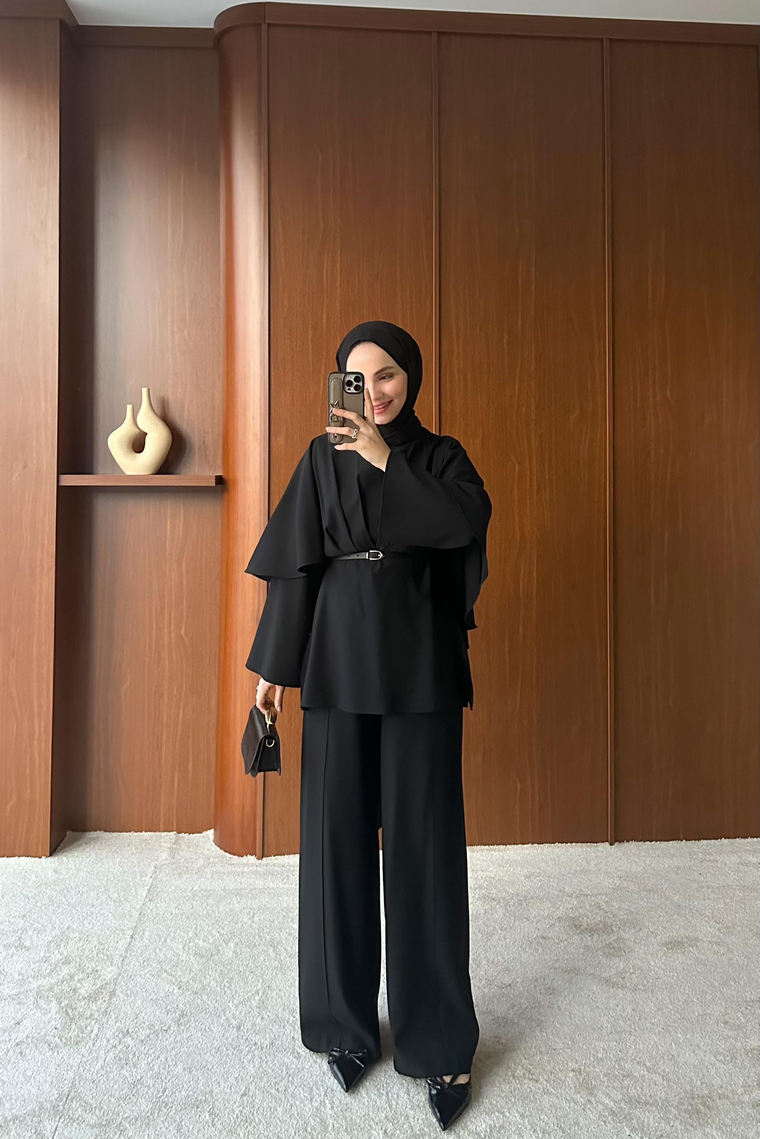 Aysa Pelerin Detaylı Pantolon Takım - SİYAH