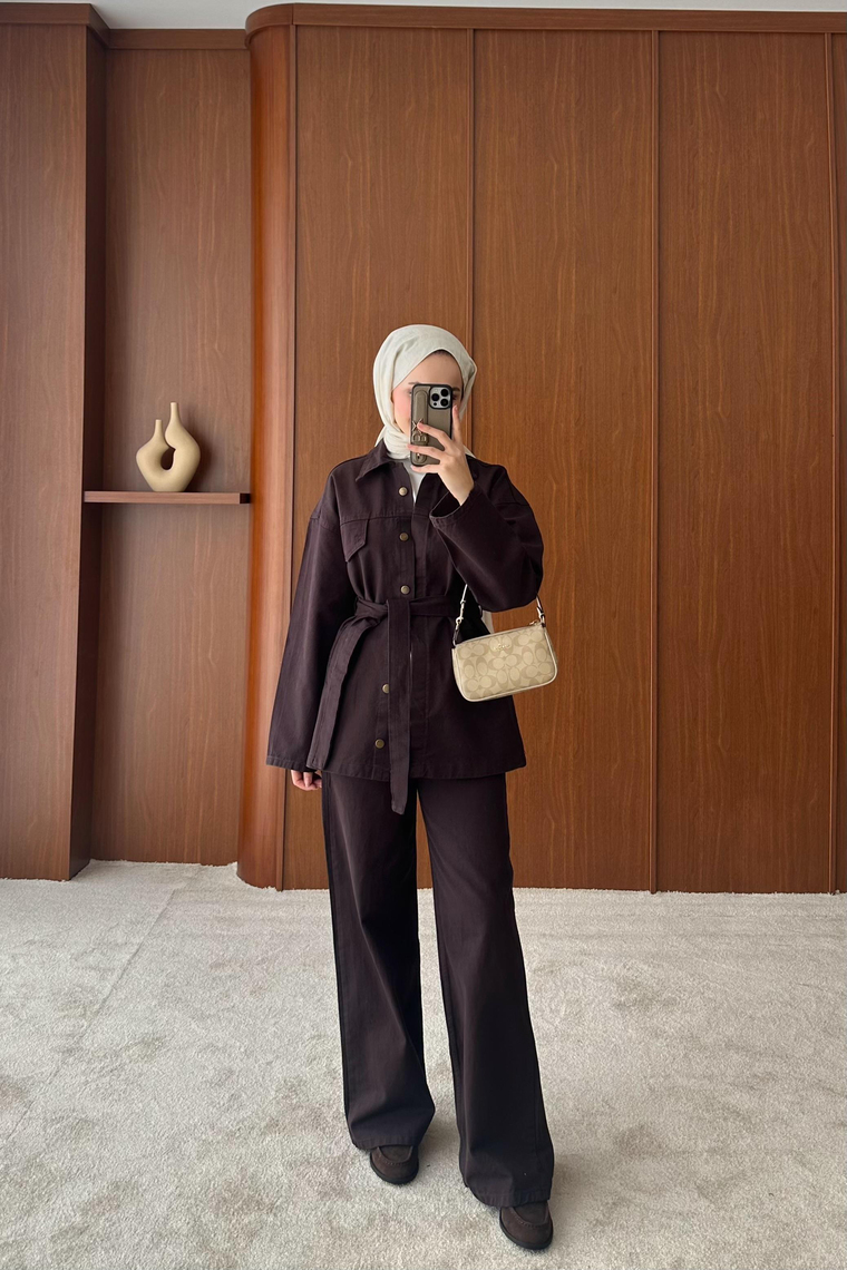 Bağlama Detay İkili Denim Takım - KAHVE