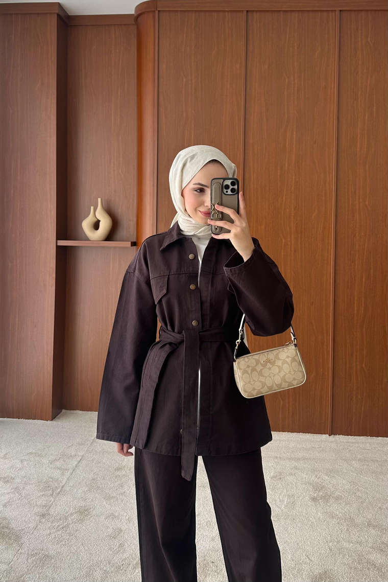 Bağlama Detay İkili Denim Takım - KAHVE