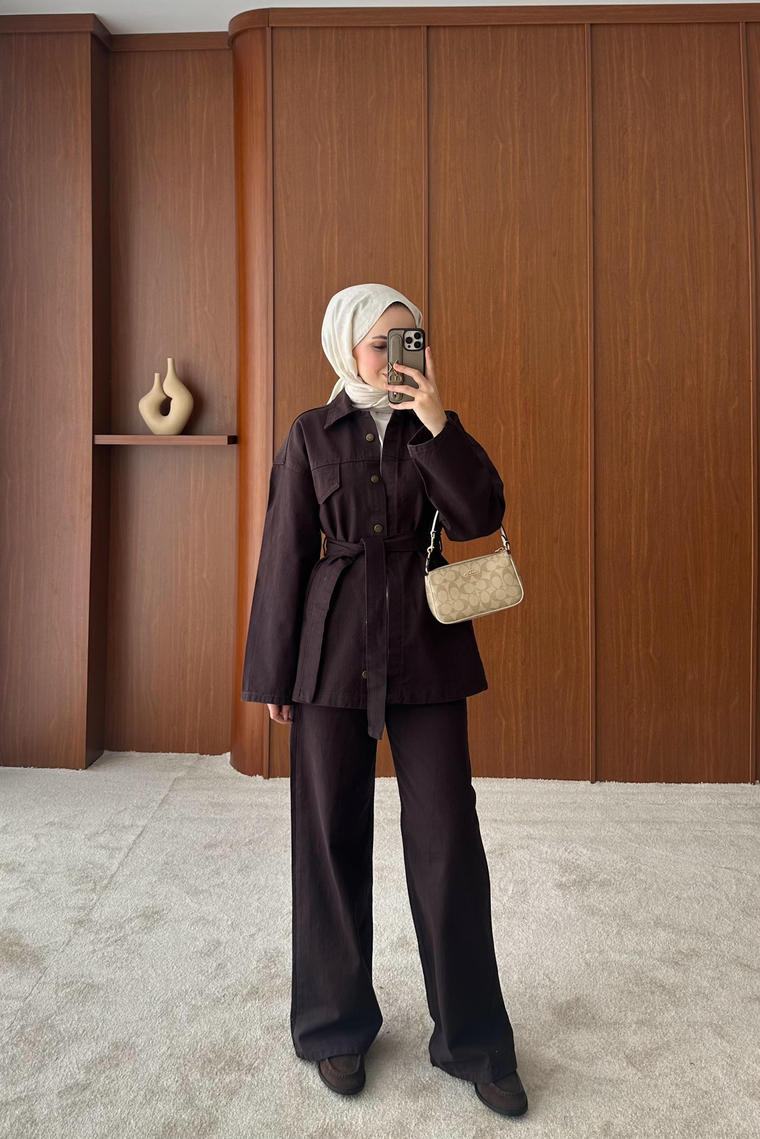 Bağlama Detay İkili Denim Takım - KAHVE