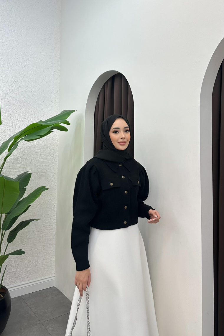 Balon Kol Çıt Çıt Detaylı Hırka - SİYAH