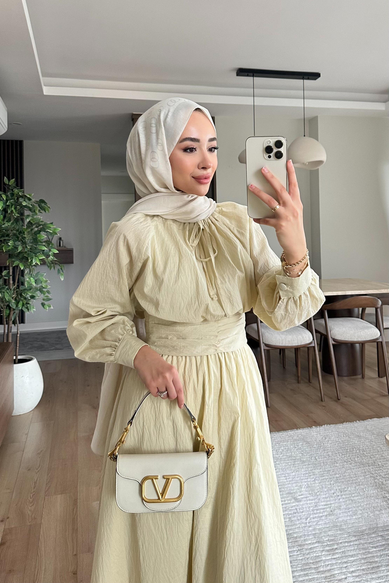 Becca Balon Kol Bel Büzgülü Etekli Takım - BEJ